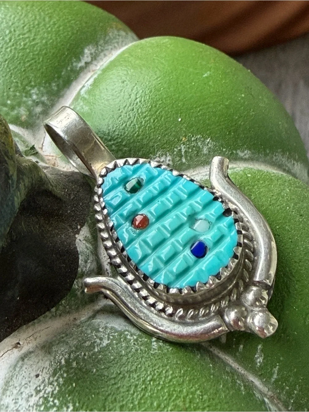 Native American Zuni Handmade Turquoise Corn Multi-Stone Teardrop Pendant Inlay